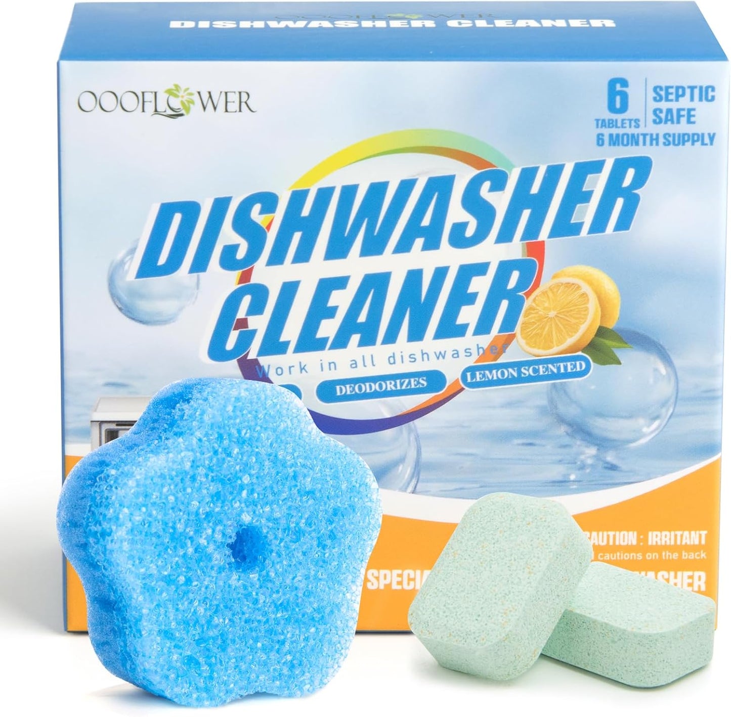 6-Pack Dishwasher Detergent and Deodorizer Tablets with Kitchen Sponge, Deep Clean Formula, Dishwasher Safe, Removes Scale, Odors, and Hard Water Residue (Lemon Scent)