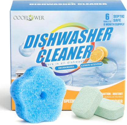 6-Pack Dishwasher Detergent and Deodorizer Tablets with Kitchen Sponge, Deep Clean Formula, Dishwasher Safe, Removes Scale, Odors, and Hard Water Residue (Lemon Scent)