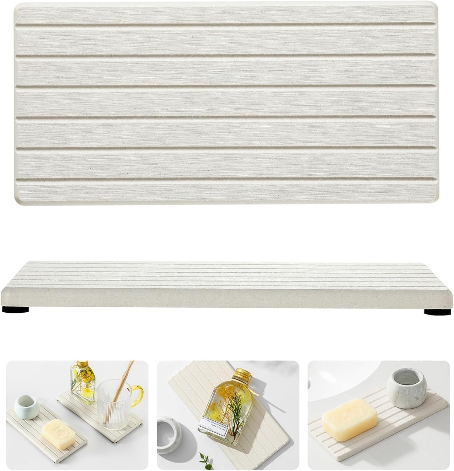 2PCS Water Absorbing Stone Drying Tray Mat for Bathroom Sink & Kitchen Counter Faucet Organizer, Quick Dry Dish Rack Soap Dispenser Sponge Holder, Vanity Sink Caddy Bar Coaster, Ivory White 8“x 4”