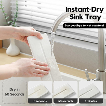 Fast Water Absorption Sink Organizer Tray Set, 3-Pack Compact and Space-Saving Stone Soap Holder Caddy for Kitchen & Bathroom Counter, Faucet Splash Guard, White (1pc of 8"x3.8" + 2pcs of 3.8"x3.8")
