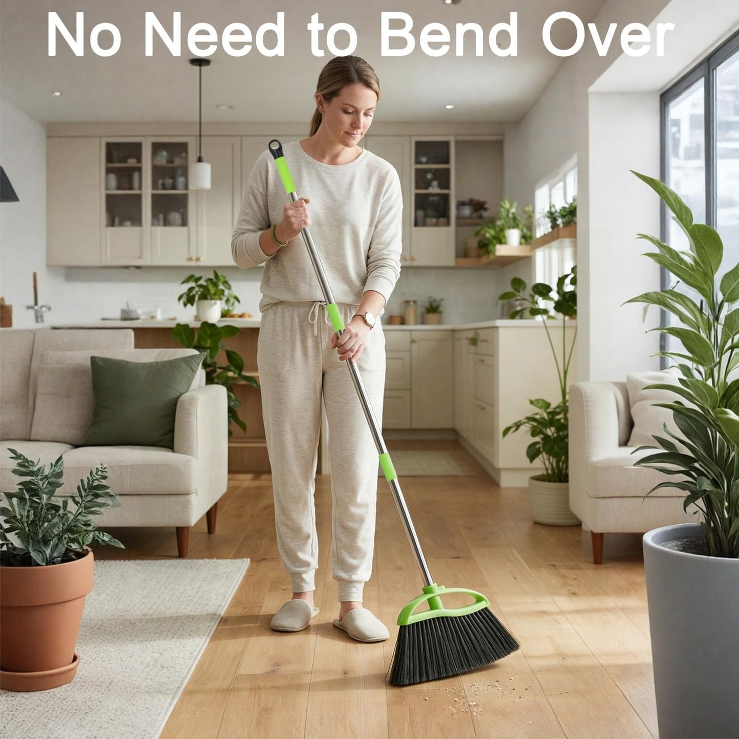 Soft Bristles Green Angle Broom and Dustpan Set, Long Handle Household Indoor Broom with Dustpan Combo Set for Room Kitchen Lobby Office Hardwood Floor Sweeping Floor Cleaning