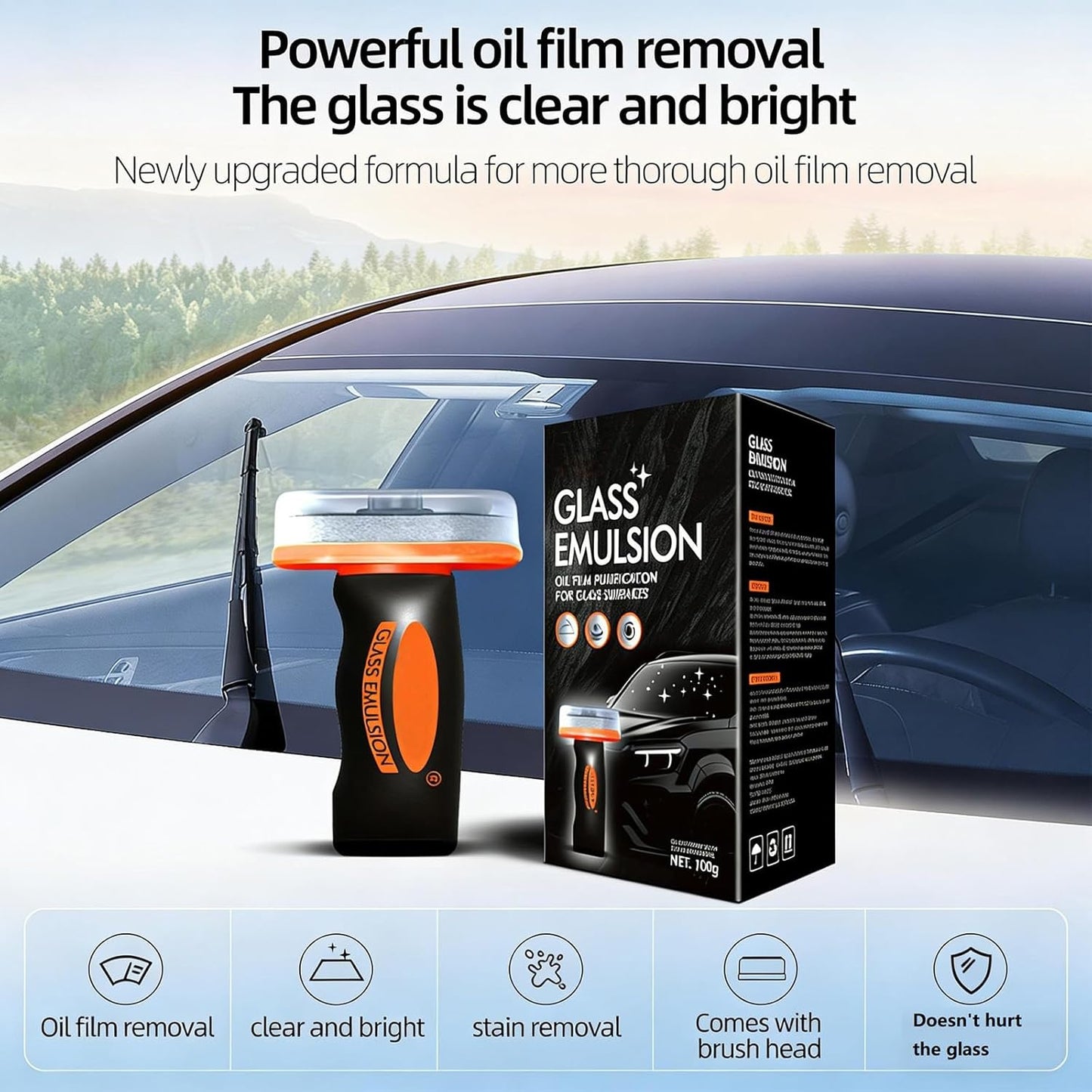 Glass Guard, Glass Oil Film Remover for Car, Grease Film Remover Paste,Roll-On Glass Compound with Cleaning Board, Removes Oil Film & Smudges, Improve Windshield Clarity for Safe Driving (100ml+Brush)