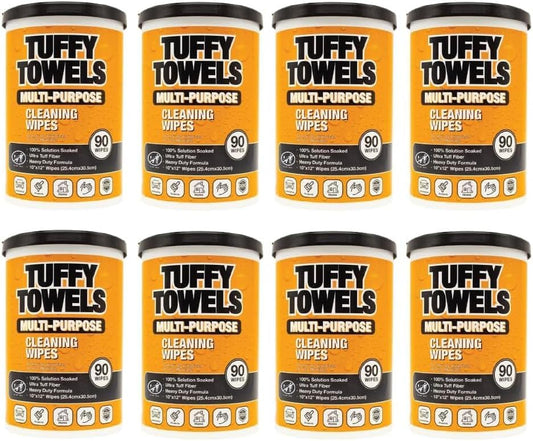 LAUCO Tuffy Scrub Cleaning Wipes – 90 Count (10" x 12") – Heavy Duty & Multi-Purpose Hand and Surface Towels for Industrial, Shop, Auto & Home Use (8 Pack, Multi-Purpose)
