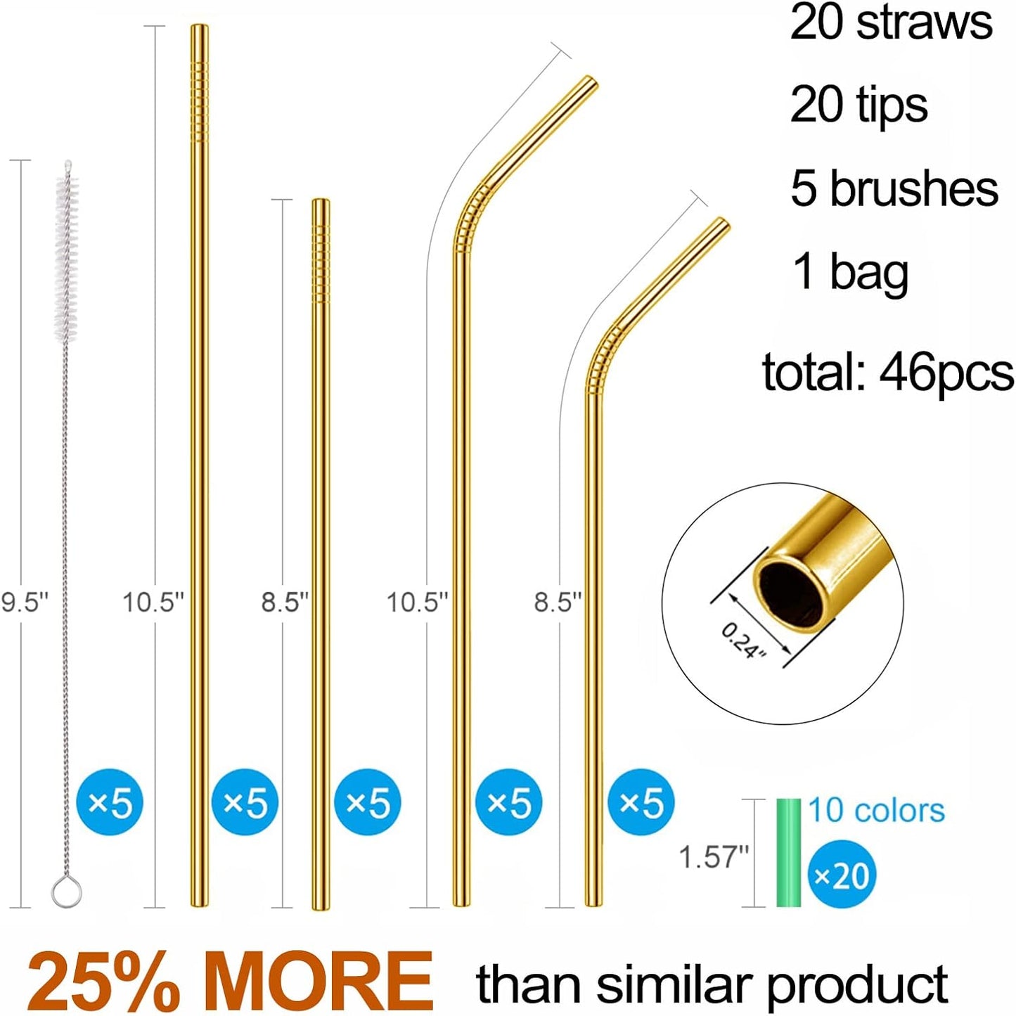 20 Pack Reusable Stainless Steel Metal Straws,10.5" & 8.5" Reusable Drinking Straws with 20 Silicone Tips 5 Straw Brushes 1 Travel Case,Eco Friendly Extra Long Metal Straw Fit for 20 24 30 oz Tumbler