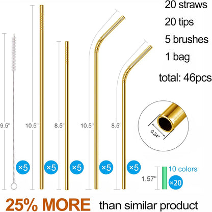 20 Pack Reusable Stainless Steel Metal Straws,10.5" & 8.5" Reusable Drinking Straws with 20 Silicone Tips 5 Straw Brushes 1 Travel Case,Eco Friendly Extra Long Metal Straw Fit for 20 24 30 oz Tumbler