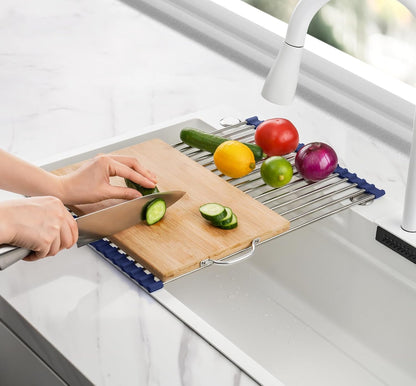 Tomorotec 17.7" x 15.5" Roll Up Dish Drying Rack Over Sink Drying Rack Sink Cover Kitchen Sink Accessories Gadget Multipurpose Organizer Foldable Stainless Steel Drainer (Grey)