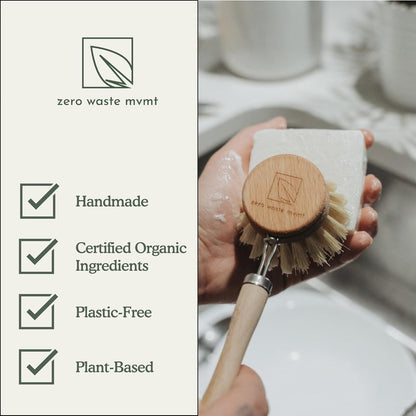 Dish Washing Bundle Kit | Eco-Friendly Solid Dish Soap, Cedar Soap Tray, Bamboo Pot Brush | Organic & Vegan Ingredients, Non-Tox Dish Soap | 3pc. Set
