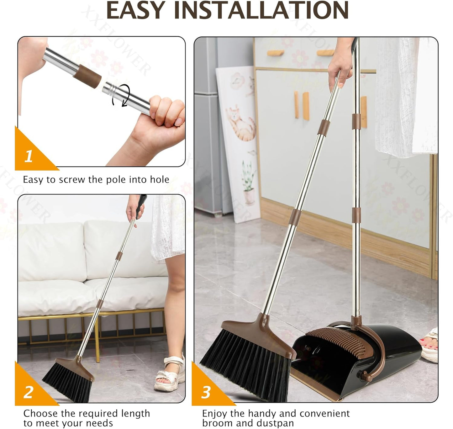 Broom and Dustpan Set with Long Handle, Light Weight Stainless Steel Poles Stand Upright Dustpans with Broom Combo for Home Kitchen Office Pet Dog Hair, 1-Pack (Purple)