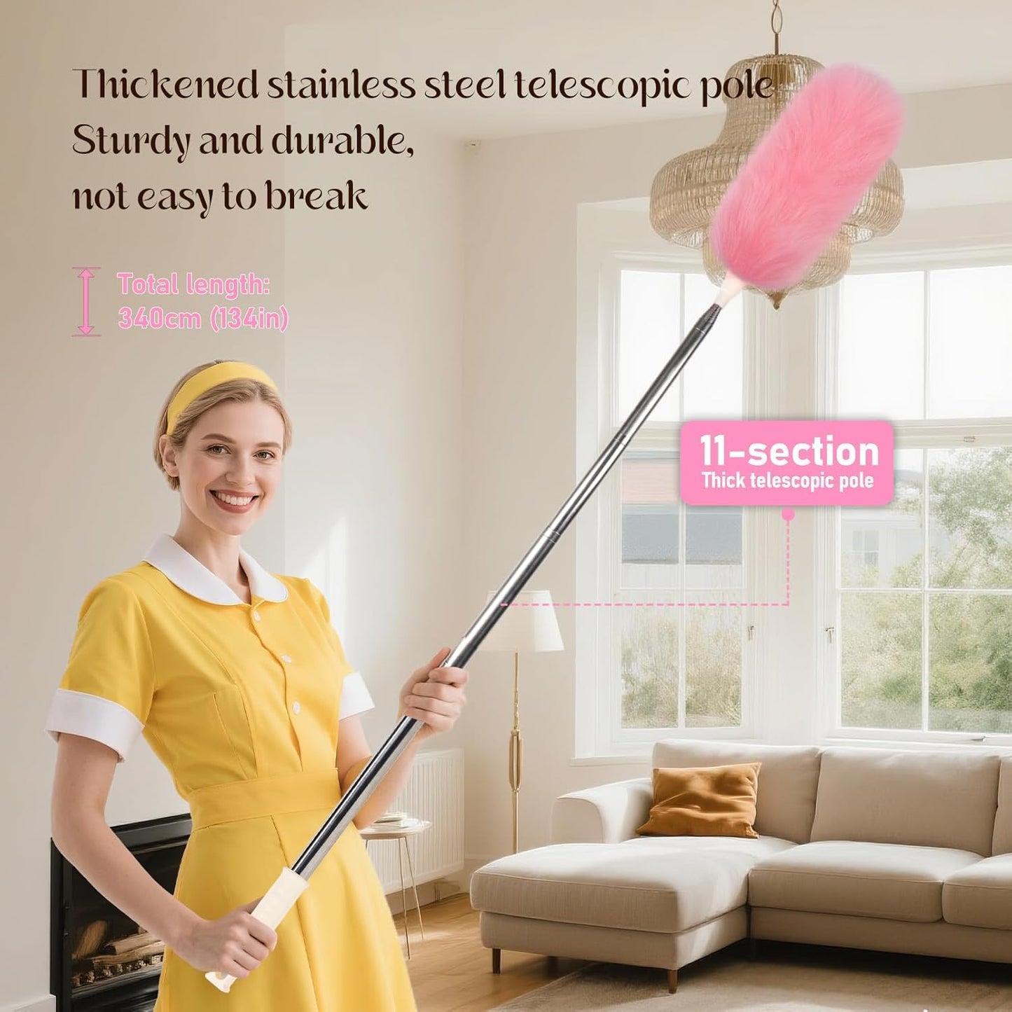 Extendable Lambswool Duster Stainless Steel Handle 133" Removable Feather Duster for Cleaning Ceiling Fans Interior Roof Furniture, Brown
