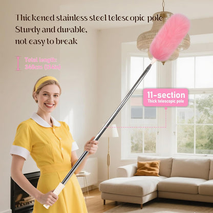 Extendable Lambswool Duster Stainless Steel Handle 133" Removable Feather Duster for Cleaning Ceiling Fans Interior Roof Furniture, Brown