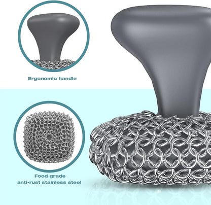 Cast Iron Scrubber | Dish Scrub Brush | 316 Cast Iron Cleaner Chainmail Scrubber for Pan Skillet Cleaner - Dish Scouring Pad Dishwasher Safe Cleaning Kit, Blue