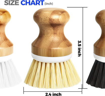 Holikme 3 Pack Dish Brush Set with Bamboo Handle, Kitchen Brushes for Cleaning Pot, Sink and Stove, Skillet Scrubber with Tough Bristles for Cast Iron Grill Pan, Yellow White Black