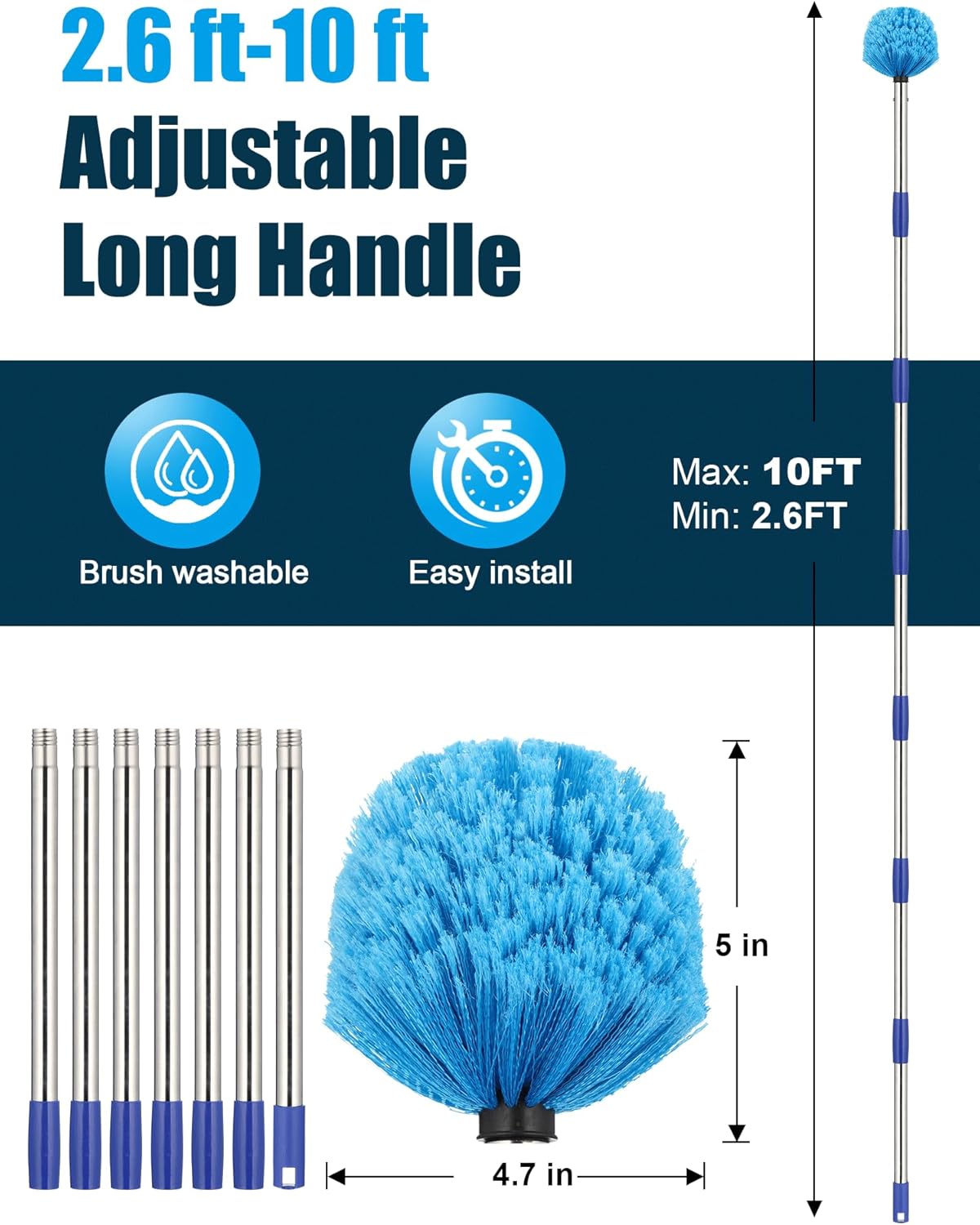 Cobweb Duster with Extension Pole, 8 ft Spider Web Brush for Outdoor House Cleaning, Cob Web Remover for High Ceilings Fans, Medium-Stiff Bristles Round Head, Steel Long Handle, Lightweight Cleaner