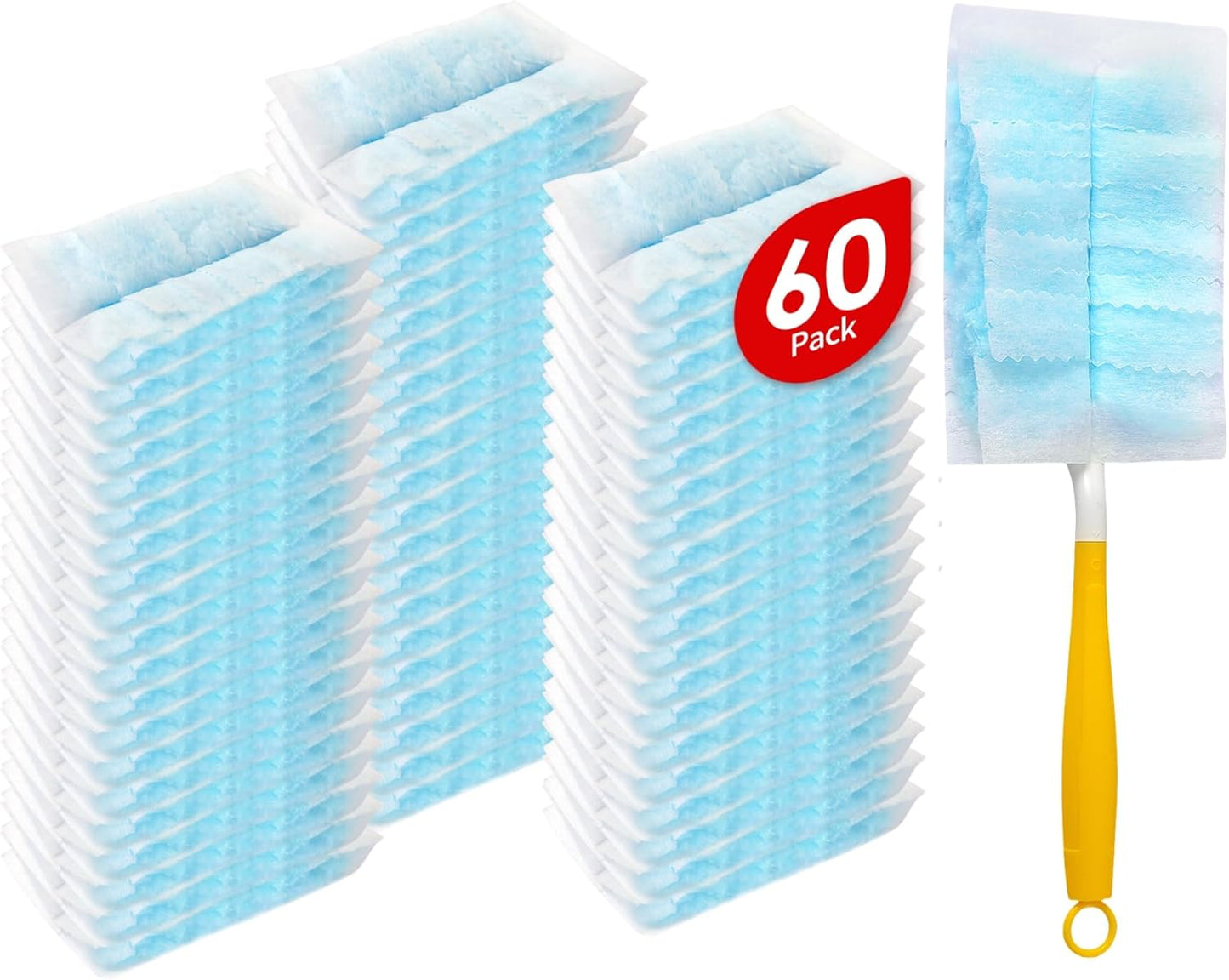 60 Count Microfibre Feather Duster Refills Compatible with Swiffer Dusters, Disposable Static Dust Removal Refills, Multi-Surface Duster with 1 Pcs Short Handle(Unscented, Pack of 1)