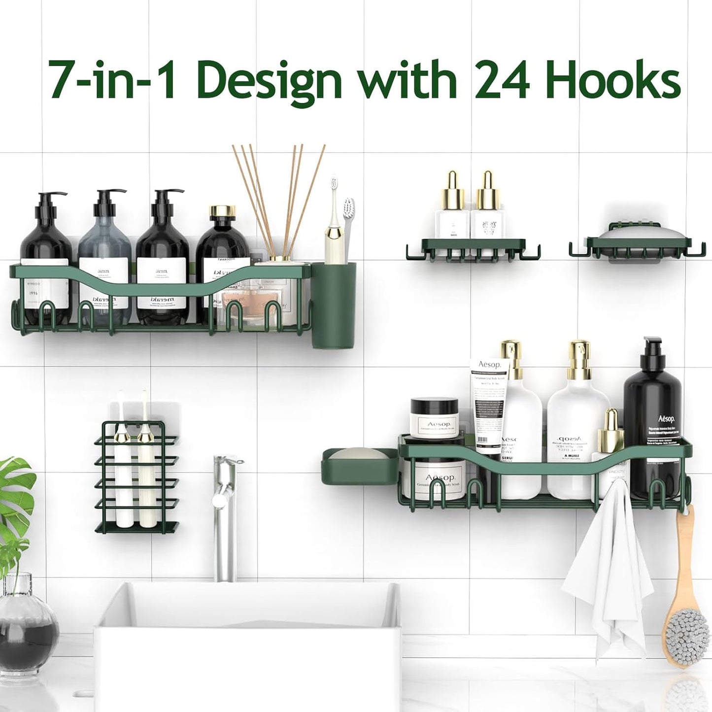 NESOMI Shower Caddy Adhesive Shower Organizer 7-Pack, Rustproof Stainless Steel Bathroom Shelves, Large Capacity No-Drill Rack Storage Accessories with Soap Dish Toothbrush Holder &24 Hooks Home Decor