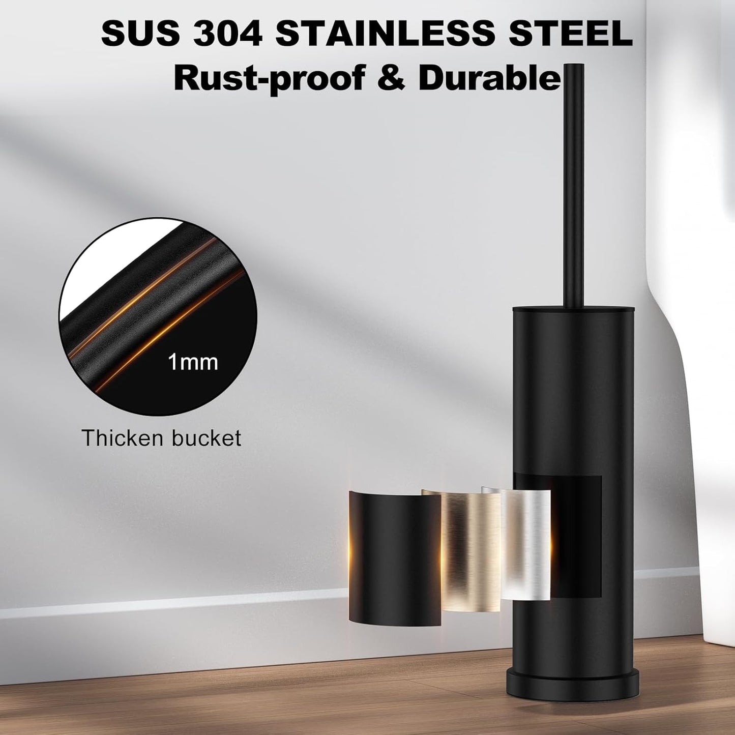 Bronze Toilet Brush and Holder Set，Stainless Steel Heavy Duty Toilet Bowl Brush，Extra Long Handled Modern Toilet Cleaner Brush, Removable Inner Bowl, and Splash Protection