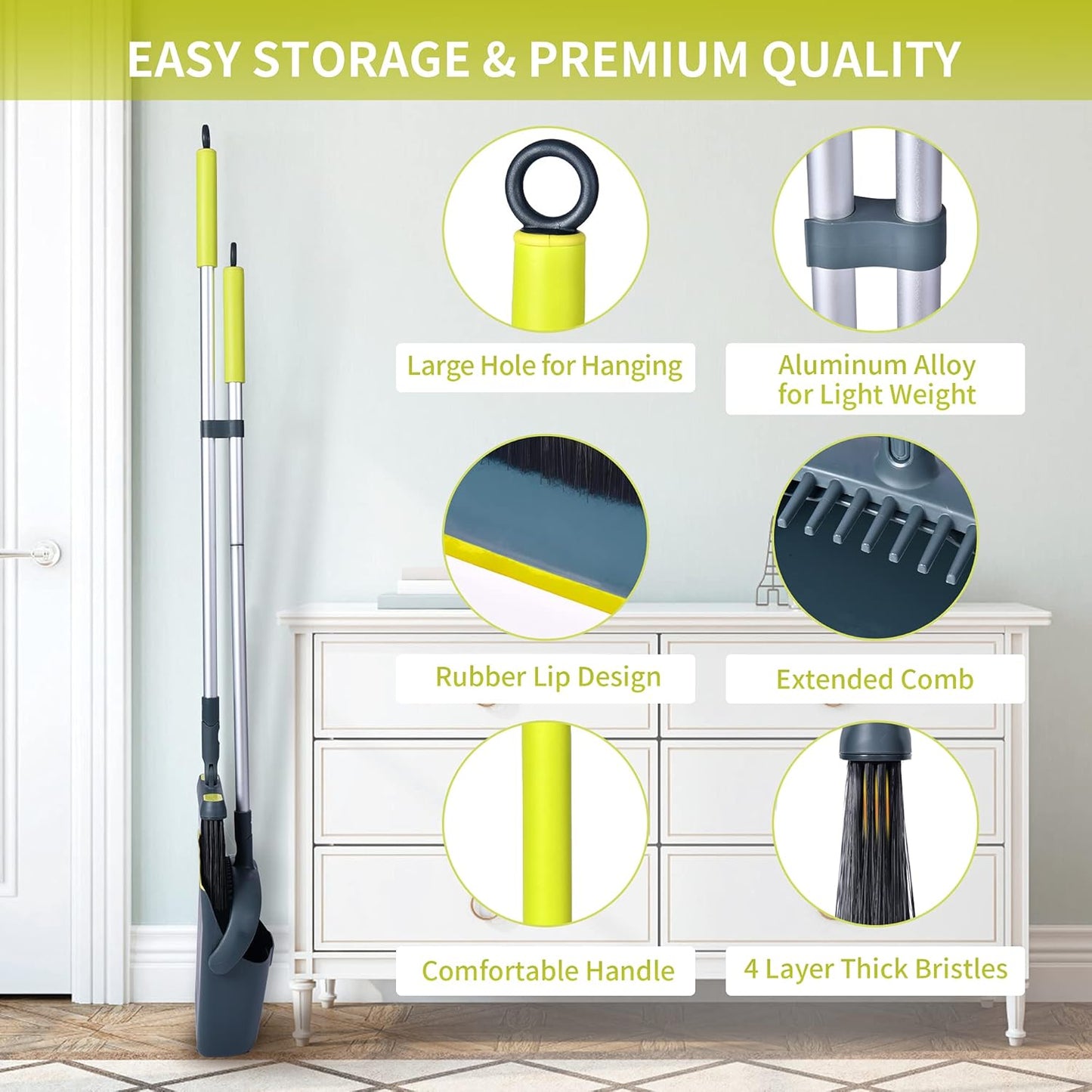 54" Long Handled Broom and Dustpan Set - Perfect Dust Pan and Brush Combo for Efficient Cleaning, Brown and White