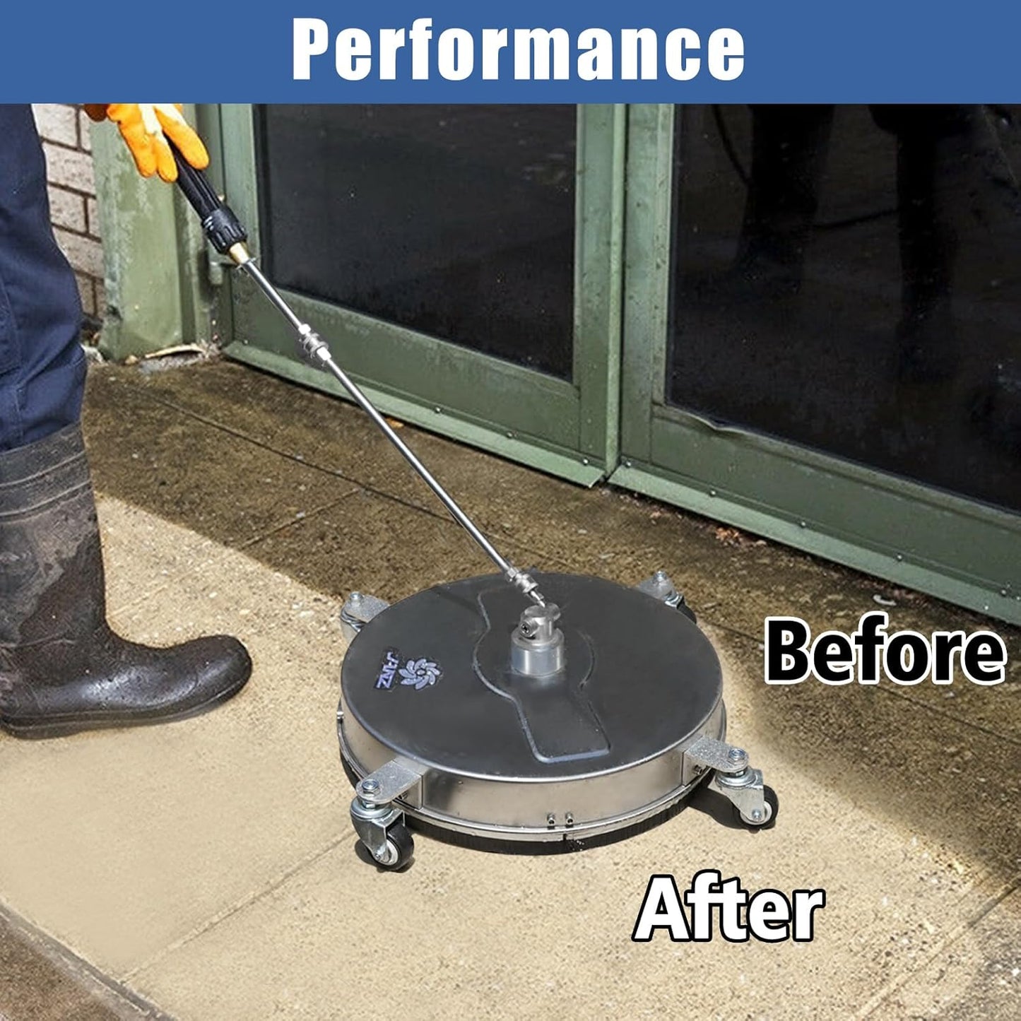 janz 14" Pressure Washer Surface Cleaner with 4 Wheels, Stainless Steel Housing, 1/4" Quick Plug, 2 Extension Wands, 2 Replacement Nozzles and 3 Spray Nozzles, 4000 PSI