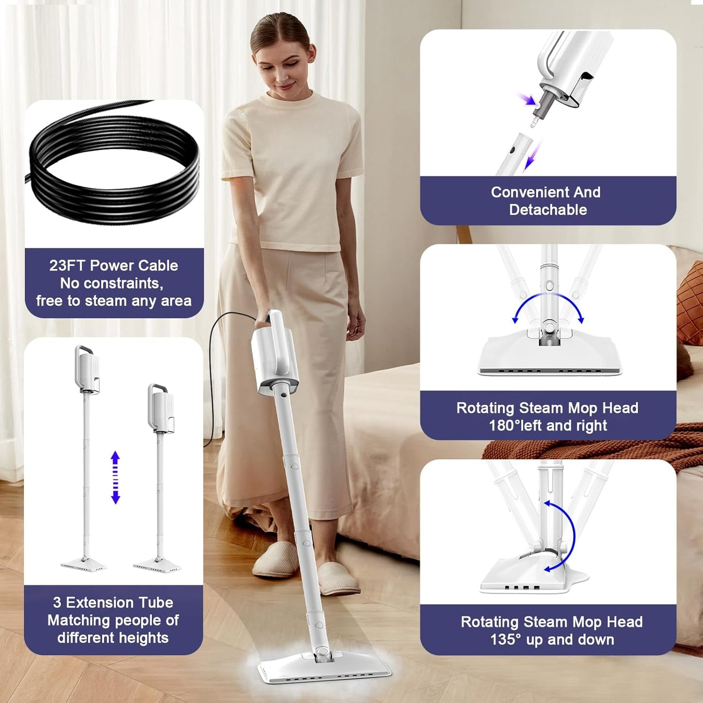 6-in-1 Steam Mop, 1200W Rotated Steam Cleaner for Home, 2 Modes, 400ML Removable Tank, 23FT Power Cord, 2 Pads, Multi-Surface Steamer for Hard Floor, Laminate Floor, Tiles Cleaning (Stone White)