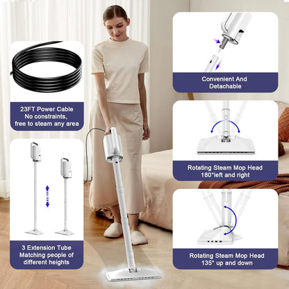6-in-1 Steam Mop, 1200W Rotated Steam Cleaner for Home, 2 Modes, 400ML Removable Tank, 23FT Power Cord, 2 Pads, Multi-Surface Steamer for Hard Floor, Laminate Floor, Tiles Cleaning (Stone White)