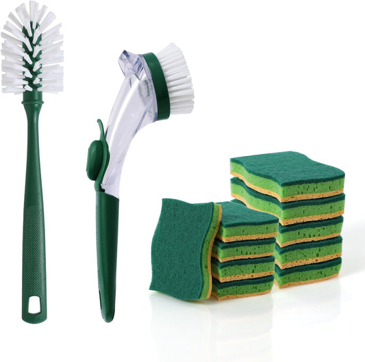 CLEANHOME Kitchen Cleaning Tool Set - 3-Pack Dish Scrub Brush Kit with 10PCS Non-Scratch Scrub Sponges, Bottle Brush & Pot Scrubber, Safe for Cookware, Bathroom & Nonstick Surfaces