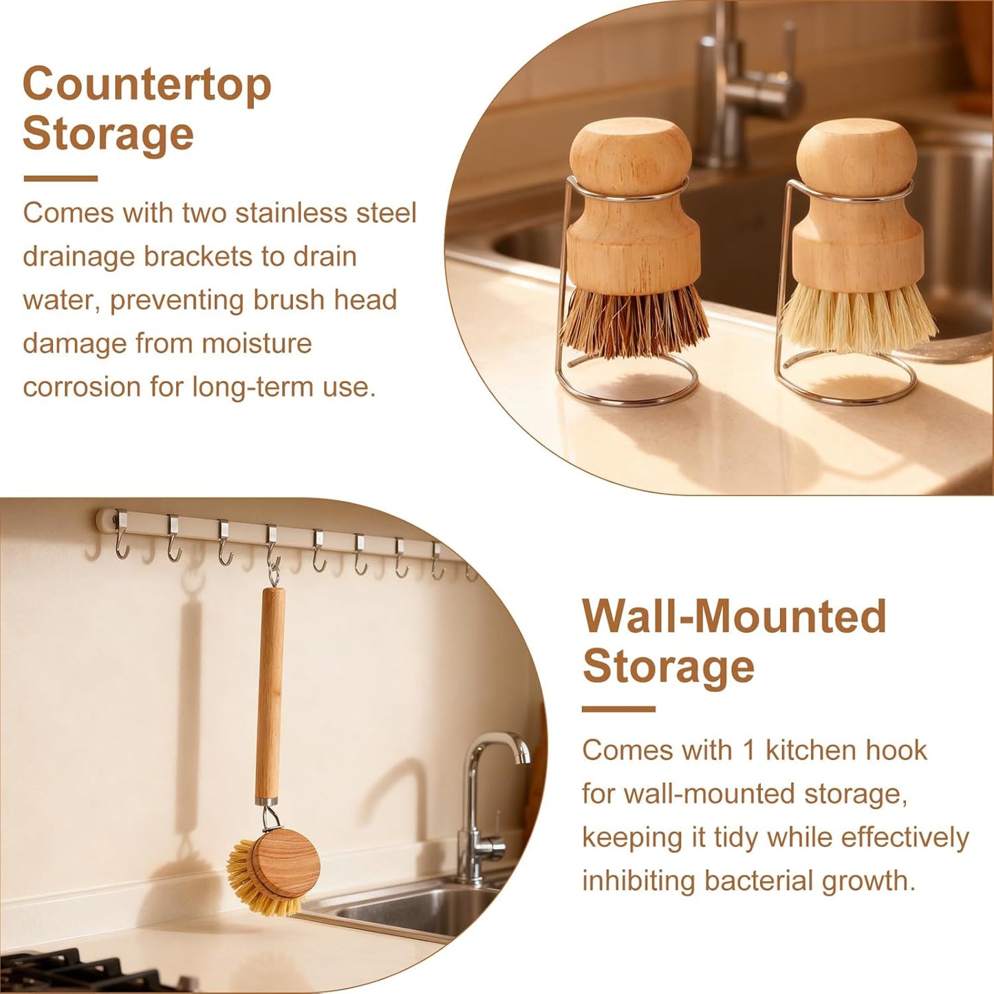 Bamboo Dish Brush Set, Natural Wooden Handle Dish Scrubber with 2PCS Mini Palm Brushes & Holders, Kitchen Brush with 1 Adhesive Hook for Pan Pots Dishes Vegetable