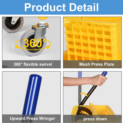 Side Press Wringer Combo Commercial Mop Bucket on Wheels, Including 1 Set Commercial Mop Handle with 1 Pack Blue Mop Heads, 35 Quart, Yellow Bucket