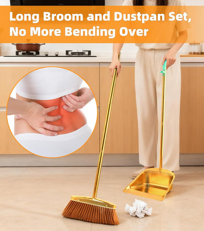 Gold Stainless Steel Broom and Dustpan Set, 2-Piece Long Handle Standing Pan with Comb Teeth, Heavy Duty Windproof Upright Design for Home, Kitchen, Indoor Outdoor Use