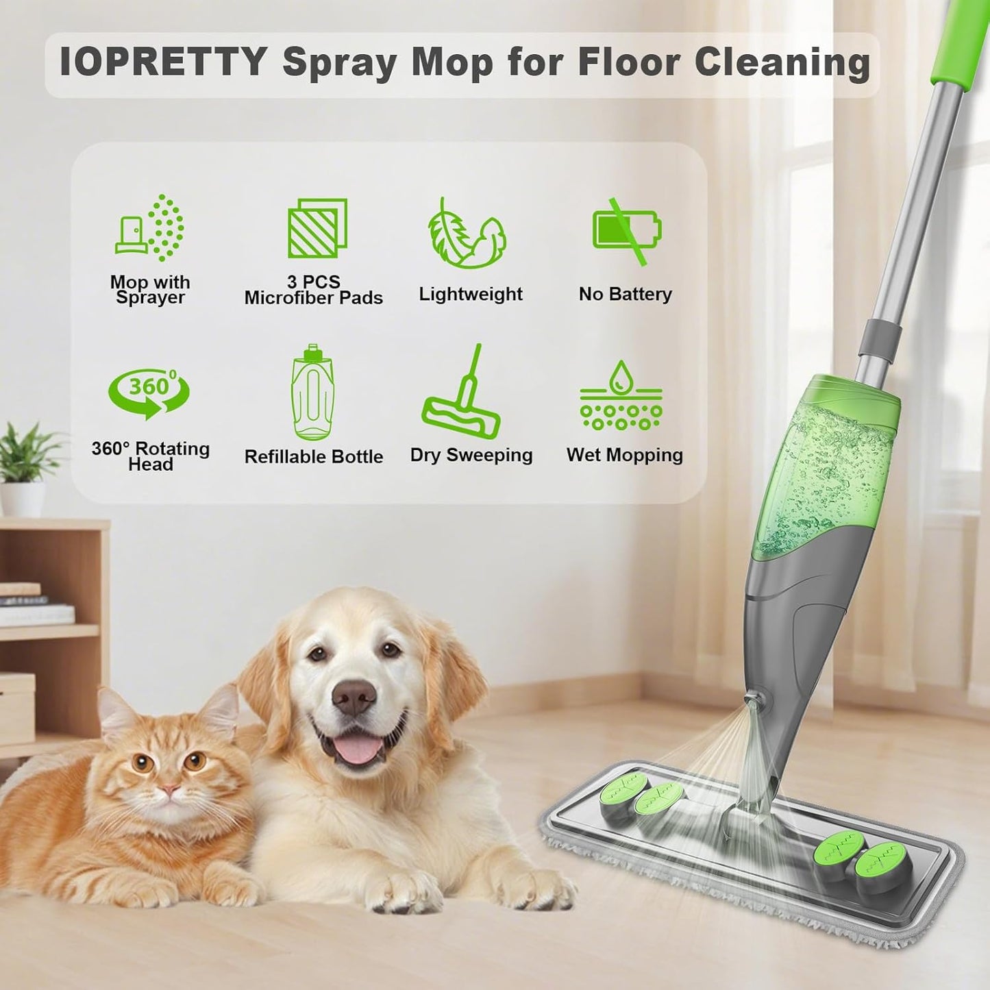 Spray Mops for Floor Cleaning - Wet Dry Mops with 2 Washable + 2 Disposable Pads for Swiffer Powermop - Refillable Bottle for Hardwood Tile Home Kitchen - Absorbs Pet Hair Dust Stains