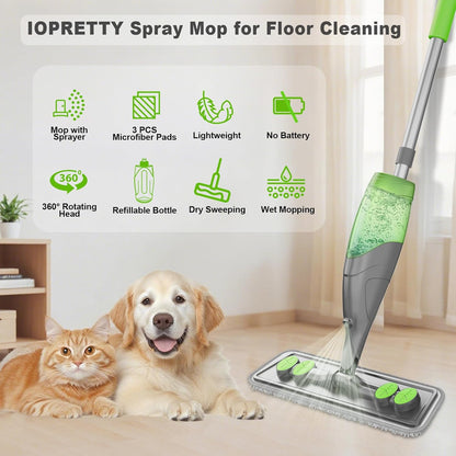 Spray Mops for Floor Cleaning - Wet Dry Mops with 2 Washable + 2 Disposable Pads for Swiffer Powermop - Refillable Bottle for Hardwood Tile Home Kitchen - Absorbs Pet Hair Dust Stains