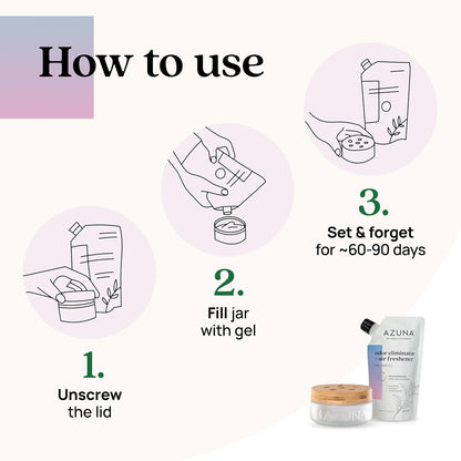 Azuna Air Freshener & Odor Eliminator for Strong Odor | 2 Room Kit Includes (2) 8 oz. Empty Luxe Glass Jars & 12 oz | Refill with Tea Tree Essential Oil Gel | Amalfi Breeze | Last 60-90 Days
