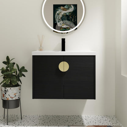 SSLine Modern 24-Inch Bathroom Vanity with Sink Wall Mounted Bathroom Vanity with Top Basin & Storage Cabinet White Wood Floating Vanity w/Ceramic Sink & Gold/Black Handles for Small Space