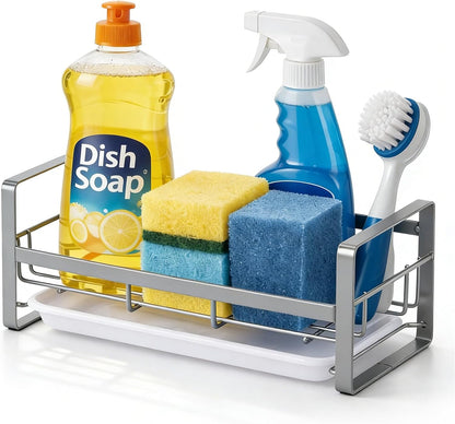 HULISEN Large Sponge Holder, 304 Stainless Steel Kitchen Soap Dispenser Caddy Organizer, Countertop Soap Dish Rack Drainer with Removable Drain Tray, not Including Dispenser and Brush, Silver