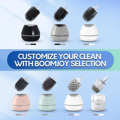 BOOMJOY Toilet Brush and Holder Set, Silicone Toilet Bowl Cleaner Brush, Bathroom Cleaning Bowl Kit with Tweezers, Bathroom Accessories with Aluminum Handle - White