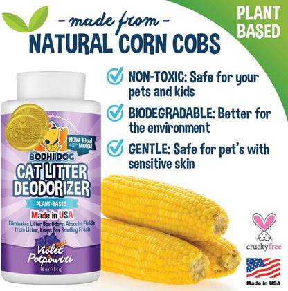 Bodhi Dog Cat Litter Odor Eliminator - Natural Gentle Deodorizer & Freshener for Strong Urine Smell - Long-Lasting Formula, Easy to Use, Reduces Litter Box Changes - Violet Potpourri Scent