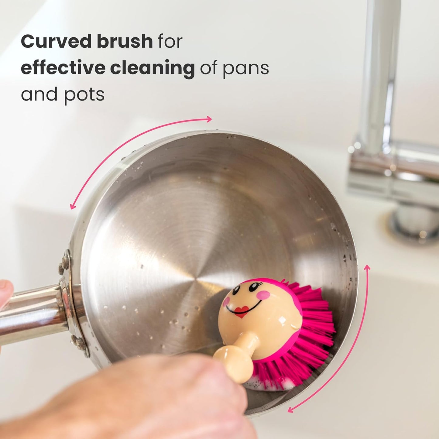 Vigar Dolls Dish Brush with Ergonomic Handle and Dres-shaped Storage Holder - Scrub Brush for Pans, Pots, Kitchen Sink Cleaning, Blue/Pink