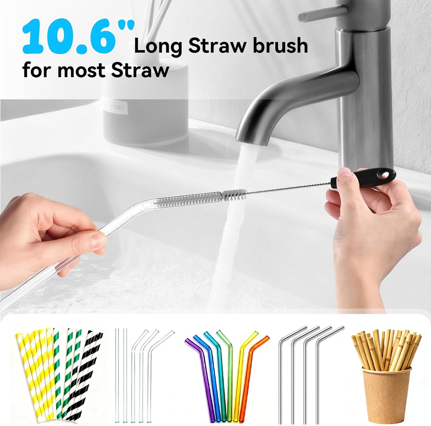 Bottle Brush Set with Straw Cleaner Brush and 3 in 1 Cup Lid Cleaning Brush, Water Bottle Cleaner with Long Handle for Cleaning Narrow Neck Beer, Cup, Wine Glasses, Tumblers, Baby Bottles