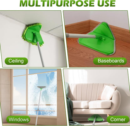 Wall Cleaner Triangle Mop with 82'' Long Handle - Wall Scrubber, Cleaning Washer Tool with 4 Microfiber Chenille Duster Pads for Clean Walls, Ceiling, Windows, Baseboards, Floors (Green, 4 Pads)