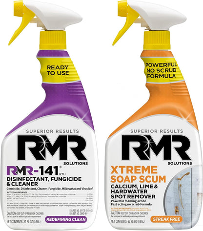 RMR Polish & Protect Bundle – Xtreme Soap Scum Remover + RMR-141 EPA Registered Mold & Mildew Spray, 2-Step Clean & Disinfect System for Buildup, Hard Water, Tile, Surfaces, Glass, 2–32 Oz Bottles