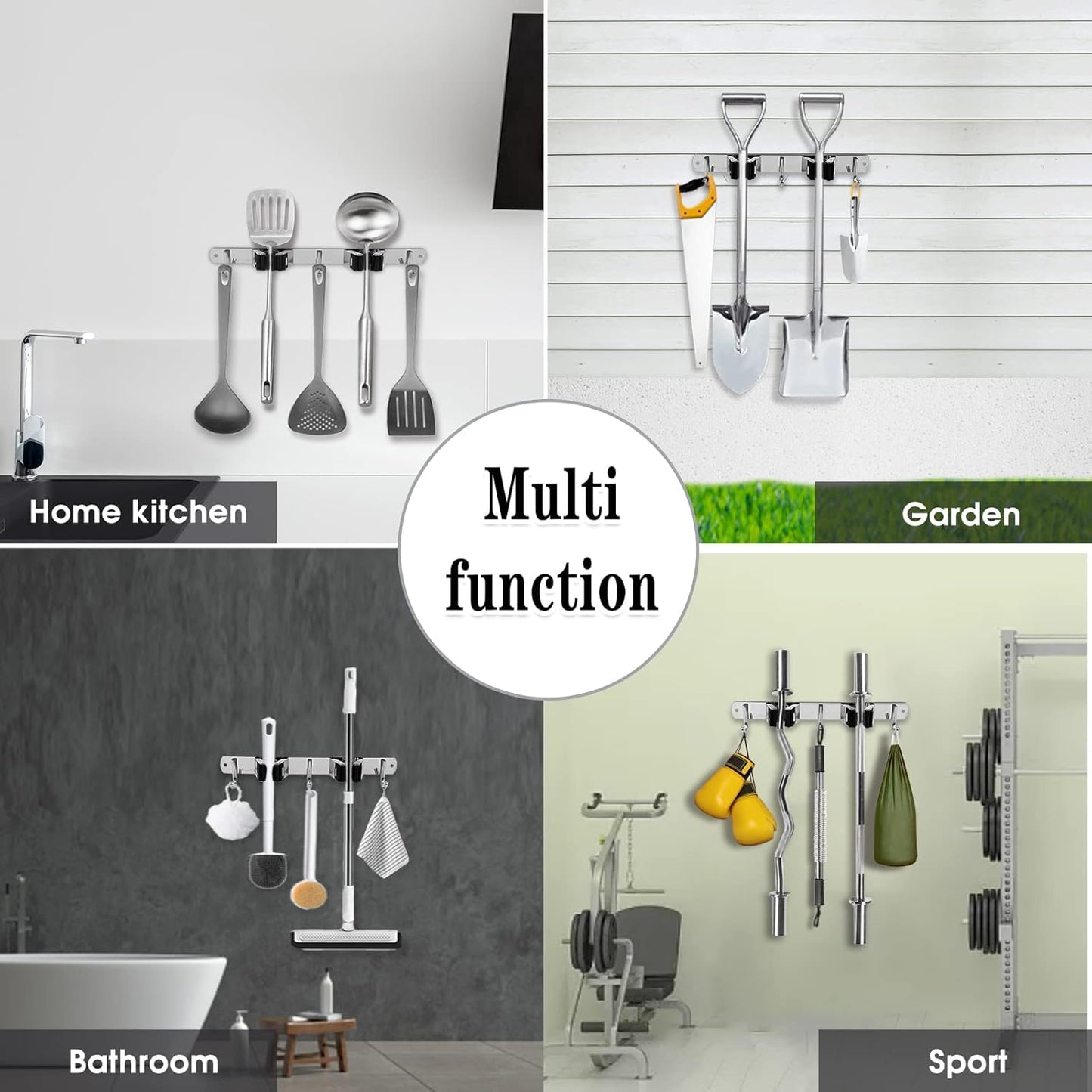 AceMining 5 Racks and 4 Hooks Mop and Broom Holder Wall Mount, Broom Organizer Storage Tool Racks Stainless Steel Heavy Duty Hooks Self Adhesive Solid Non-slip for Home Kitchen Garden Laundry Garage