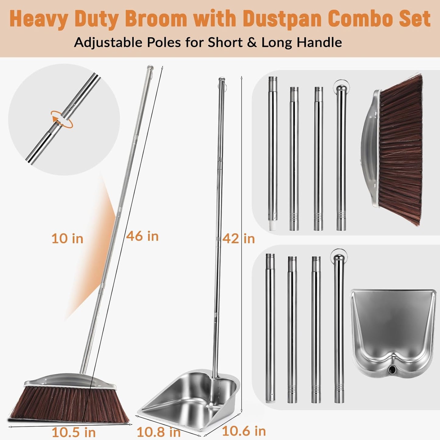VOOWO Broom with Dustpan Combo Set, 46" Stainless Steel Broom and Dustpan Set for Home, Heavy Duty Dust Pan with Long Handle, Broom for Sweeping Indoor and Outdoor, Kitchen Broom and Dust Pan (Khaki)
