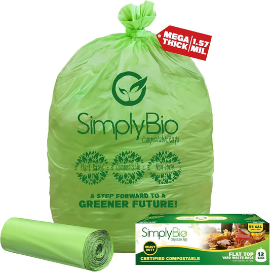 Simply Bio 60-65 Gallon Compostable Trash Bags Liners Flat-Top, Heavy Duty Extra Thick 2 Mil, 242.27 Liter, 12 Bags, Lawn, Yard, and Restaurant Use, ASTM D6400, US BPI, OK Compost Home Certified