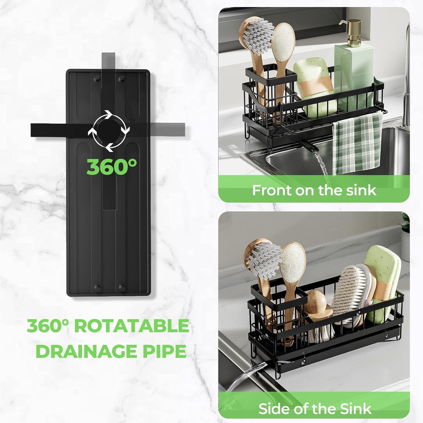 Sponge Holder for Kitchen Sink,Sink Caddy Organizer with Removable Brush Holder,Kitchen Countertop Soap Dispenser Storage with Detachable Towel Rack,Black