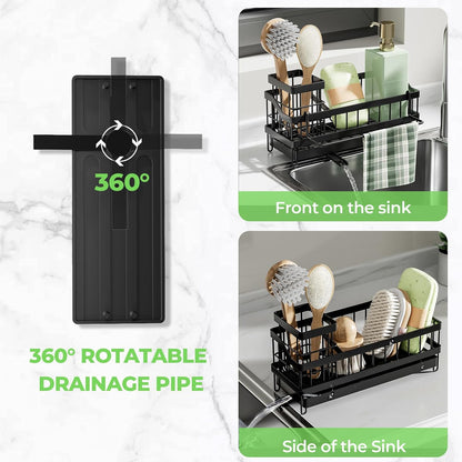 Sponge Holder for Kitchen Sink,Sink Caddy Organizer with Removable Brush Holder,Kitchen Countertop Soap Dispenser Storage with Detachable Towel Rack,Black