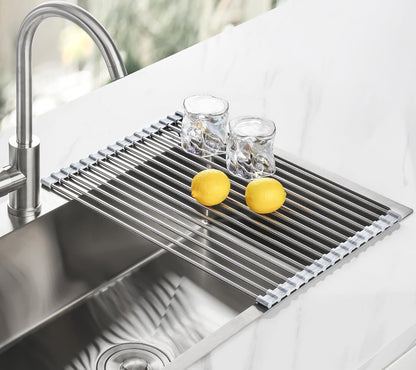 Tomorotec 17.7" x 15.5" Roll Up Dish Drying Rack Over Sink Drying Rack Sink Cover Kitchen Sink Accessories Gadget Multipurpose Organizer Foldable Stainless Steel Drainer (Grey)