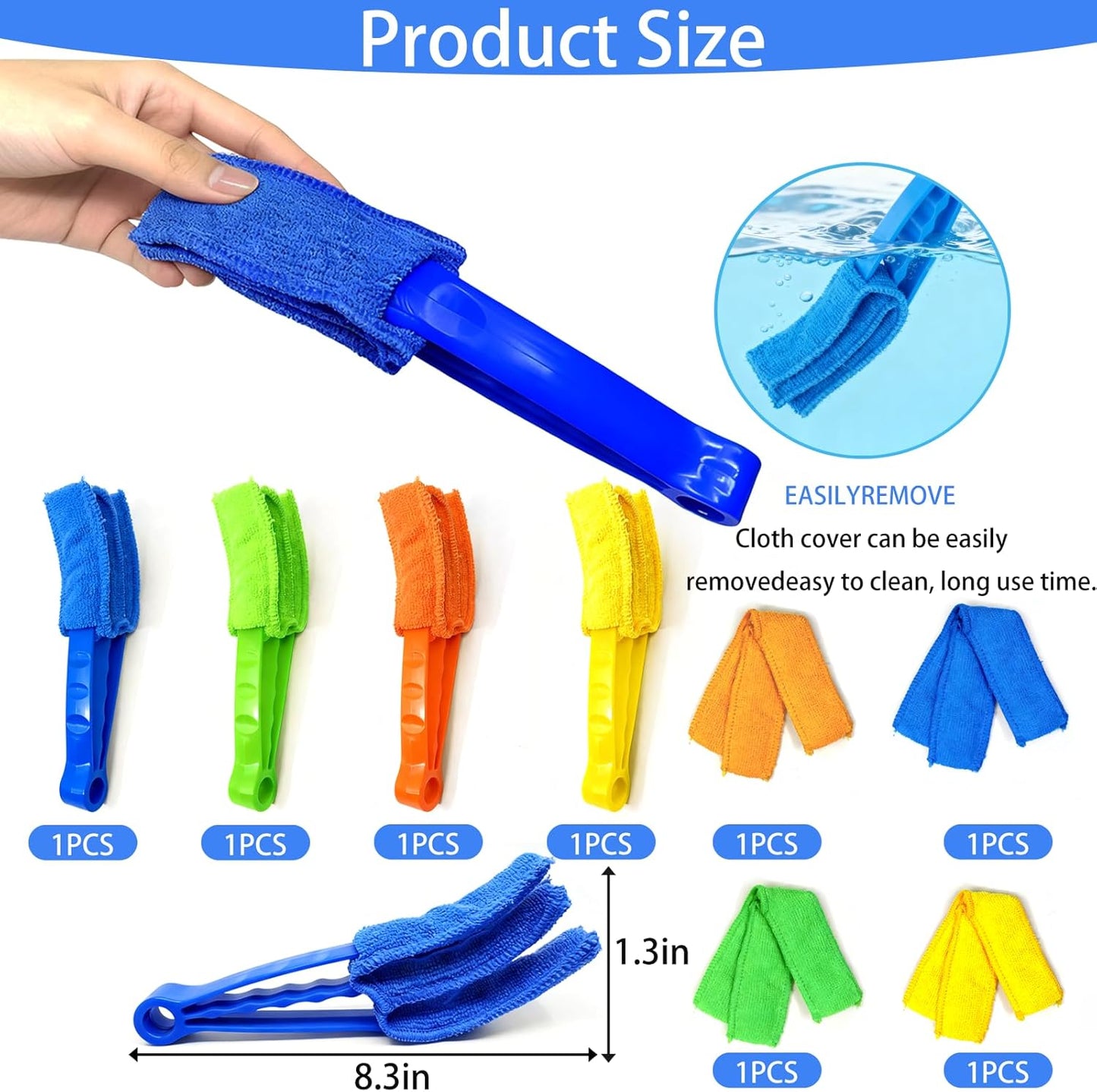 8Pcs Window Venetian Blind Cleaner Duster Tool, Microfiber 7-Finger Dusting Brush for Wood/Vinyl Blinds, Window Shutters, Air Conditioner and Fan Vents, with 4 Washable Cloth Covers