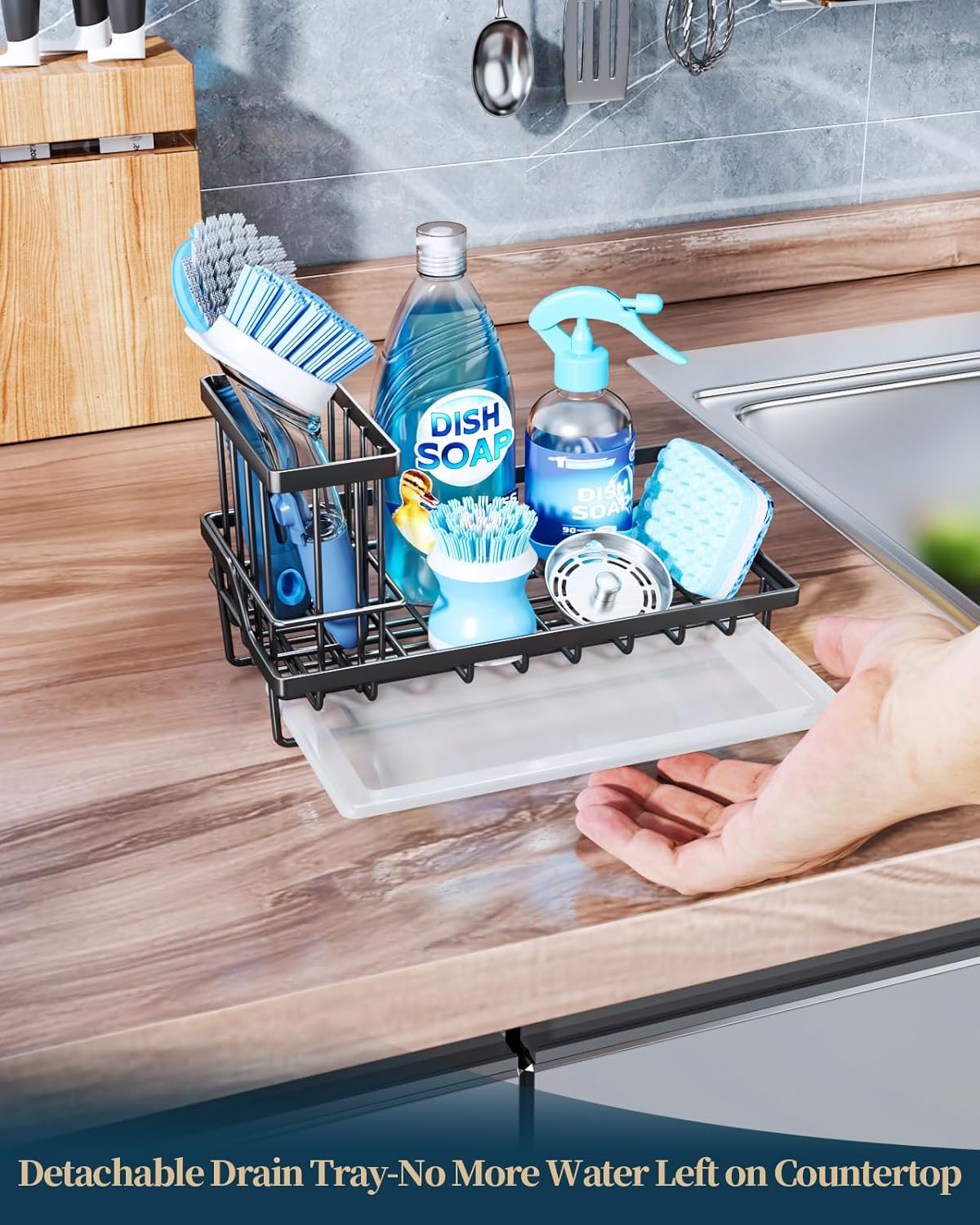 Consumest Sink Caddy, Kitchen Sponge Holder with Dish Brush Holder, Kitchen Organizer with Drip Tray for Countertop, Stainless Steel Rustproof - Silver