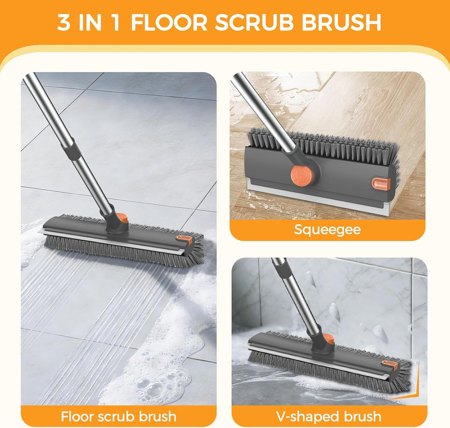 SetSail Floor Scrub Brush, 3 in 1 Floor Scrub Brush with 54-in Adjustable Long Handle and Scraper Heavy Duty Stiff Bristle Floor Scrubber for Cleaning Shower Bathroom Kitchen Patio Garage, Grey&White