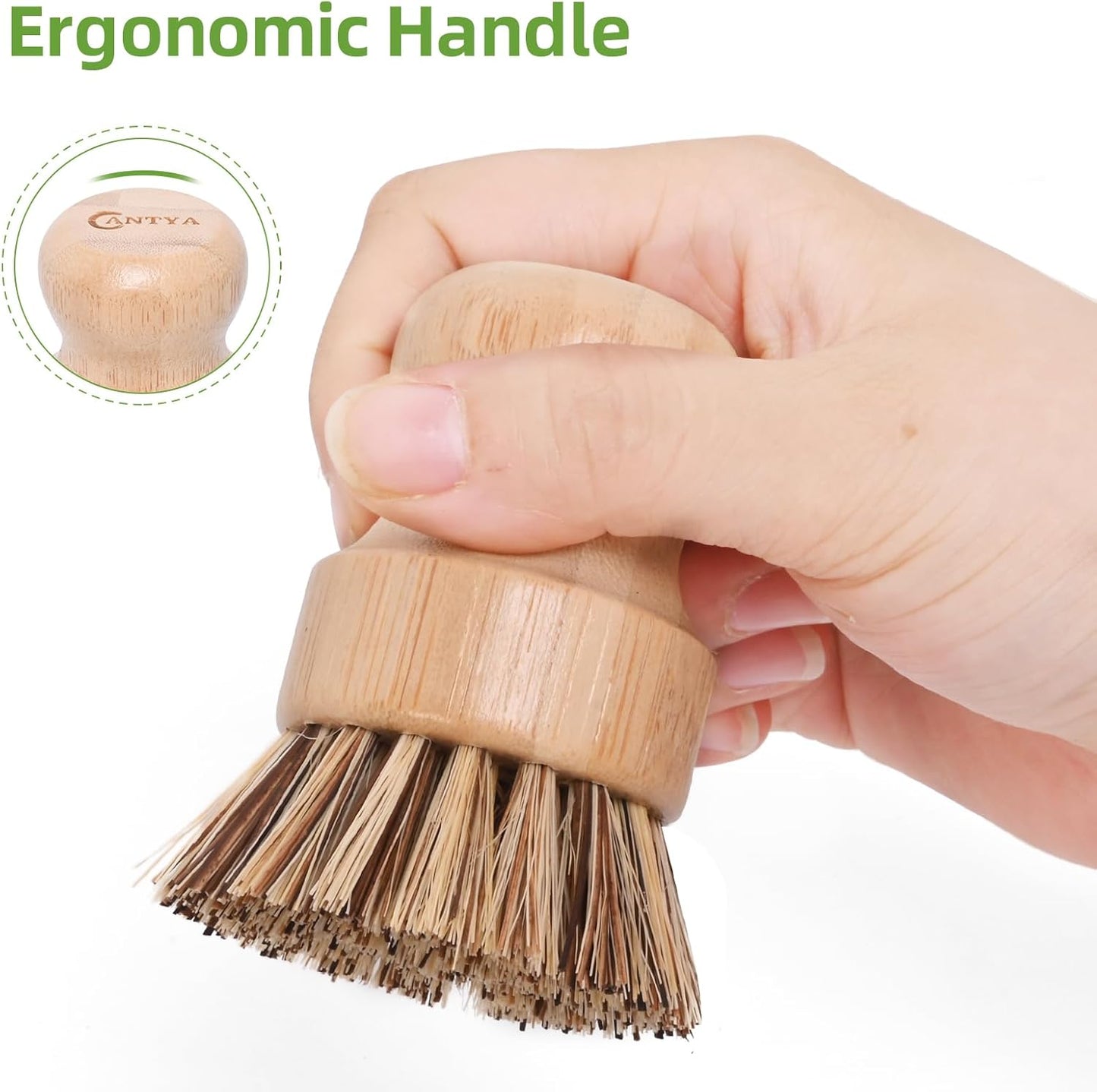 Bamboo Dish Brush with Handle - Soft Bristle, Non Toxic Dish Scrubber Compostable & Sustainable Bamboo Scrub Brush for Dishes, Pots and Pans