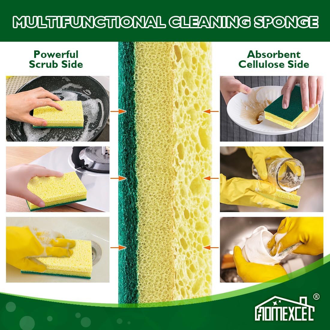 HOMEXCEL Sponges Kitchen 12pcs, Non-Scratch Scrub Dish Sponge Safe on Non-Stick Cookware, Dual Sided Cleaning Sponges for Kitchen, Household, Bathroom and More